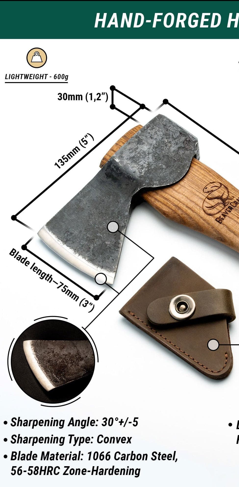 Kirveenpää teräsuojalla BAX1 Bushcraft Hatchet -pää