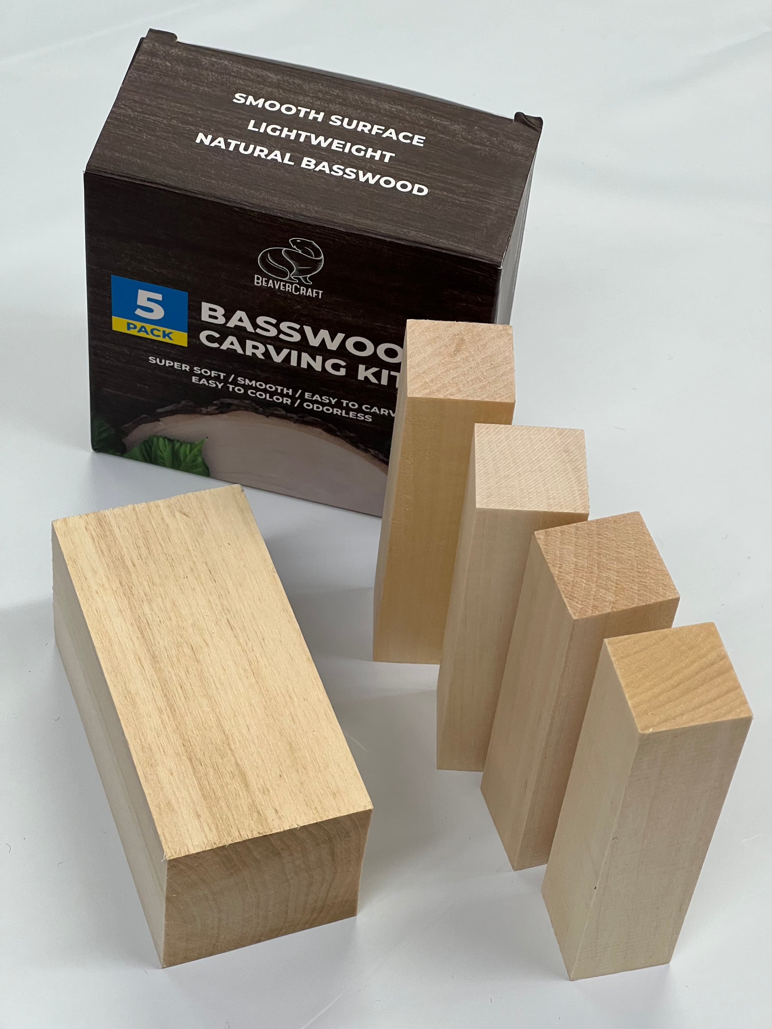 Lehmuspuiset puunleikkuuaihiot BW5 5 kpl pakkauksessa Beaver Craftilta